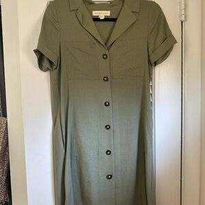 Monteau Olive Green Short-Sleeve Shirt Midi Dress